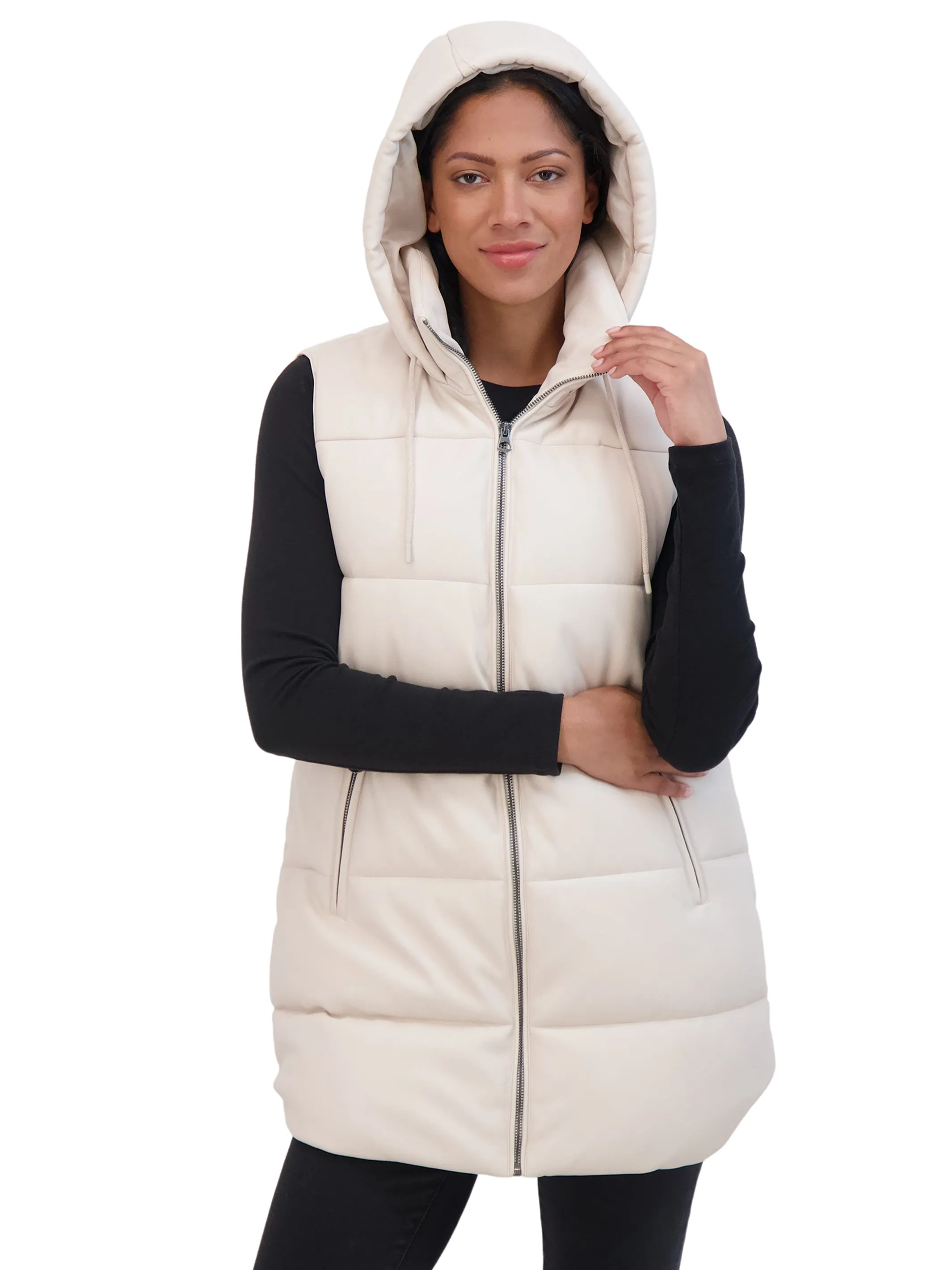 Sebby Collection Women's Puffer Faux Leather Vest with Hood