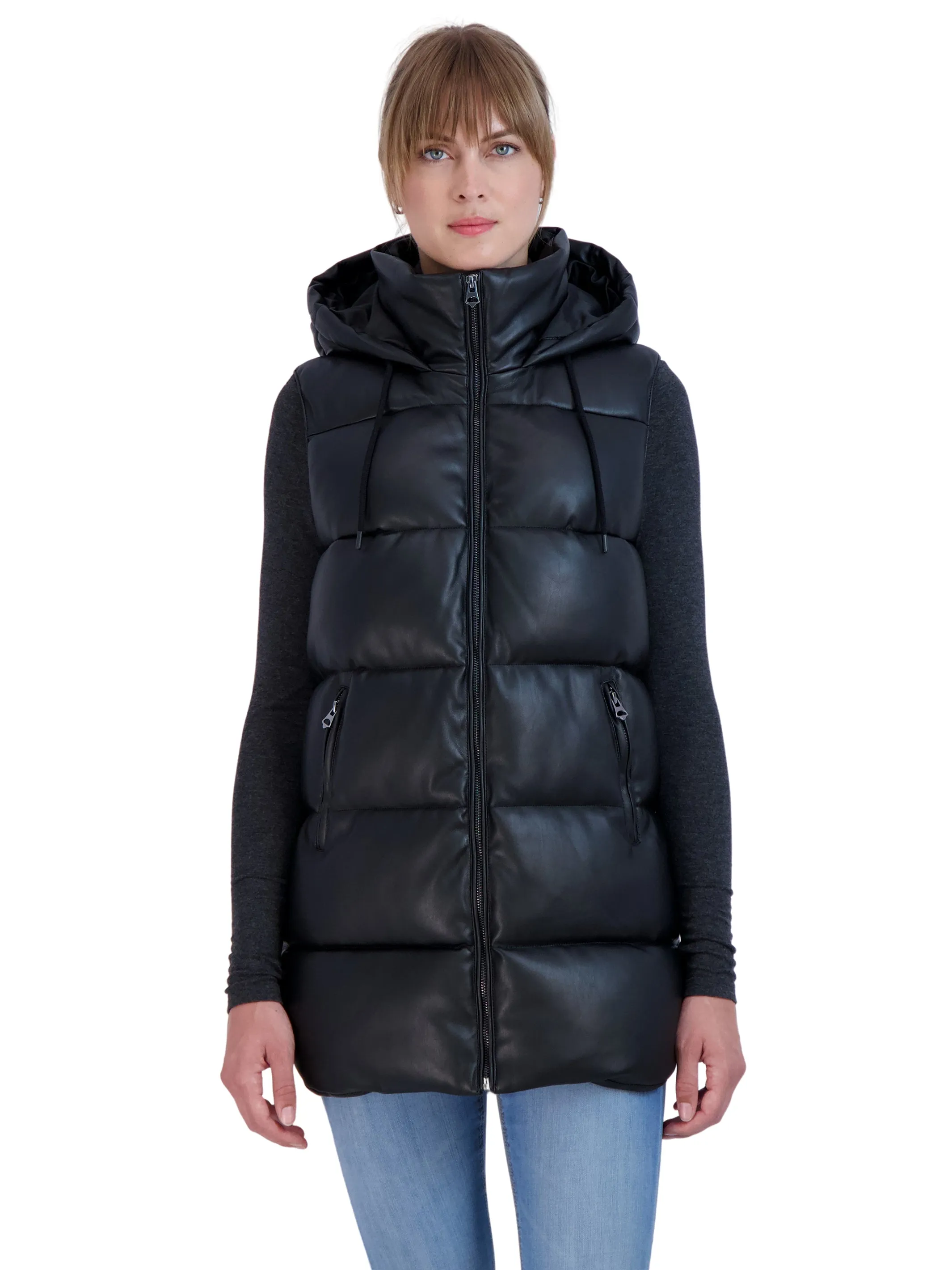 Sebby Collection Women's Puffer Faux Leather Vest with Hood