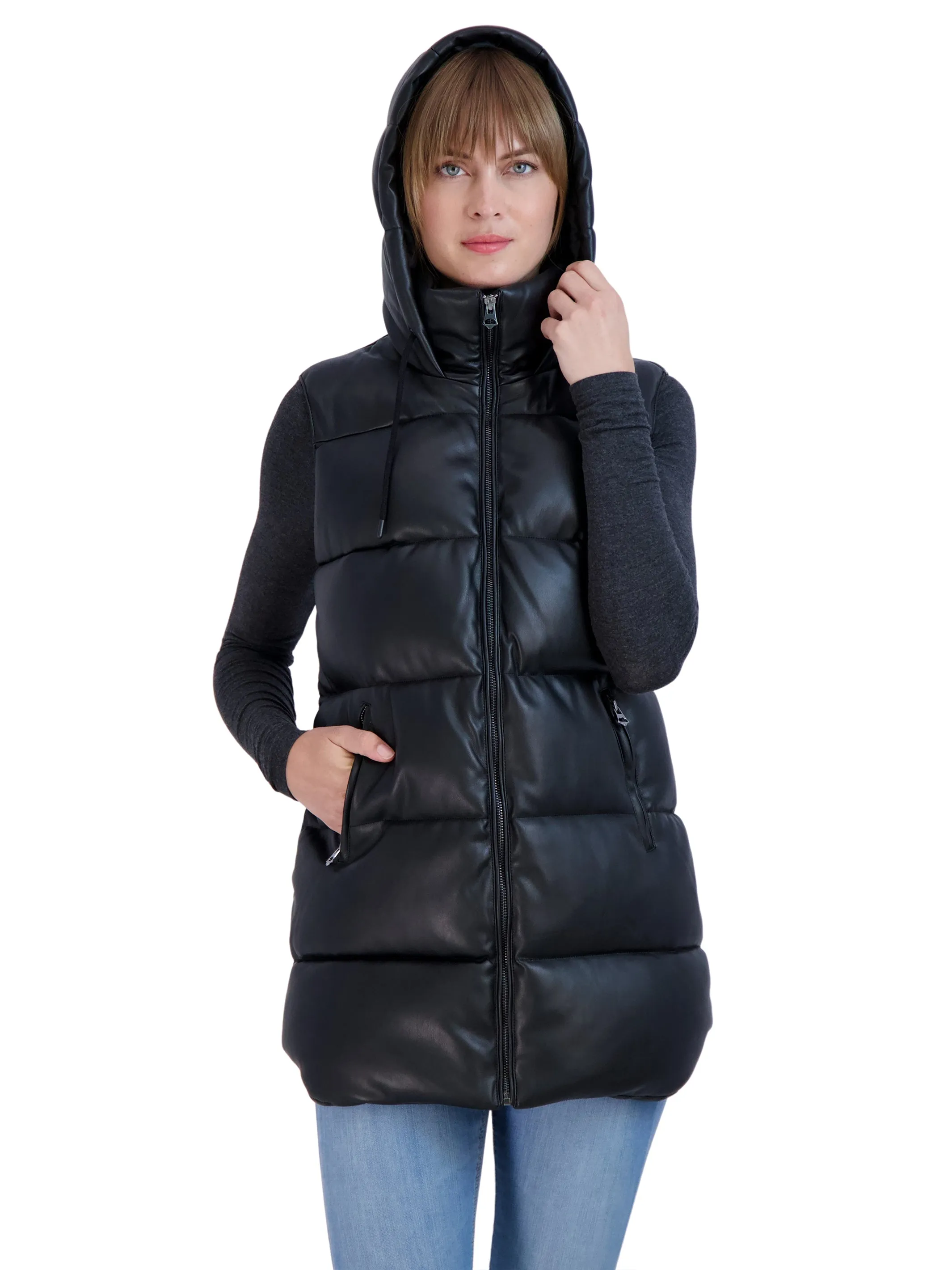 Sebby Collection Women's Puffer Faux Leather Vest with Hood