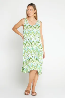 Sienna Sleeveless Petite Length Dress - Green/Aqua Ikat