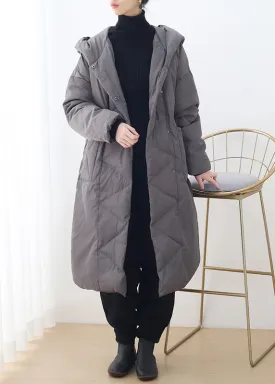 Stylish Grey Zippered Button Duck Down Long Hooded Down Coats Winter