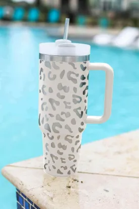 White Leopard Print 40OZ Stainless Steel Portable Cup with Handle