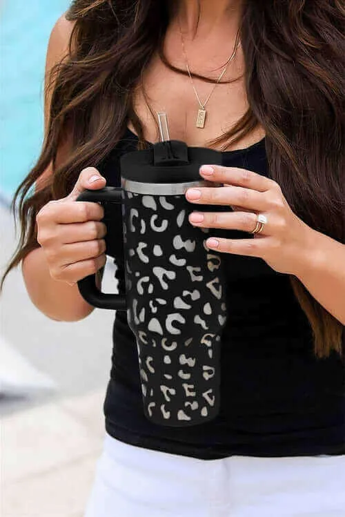 White Leopard Print 40OZ Stainless Steel Portable Cup with Handle