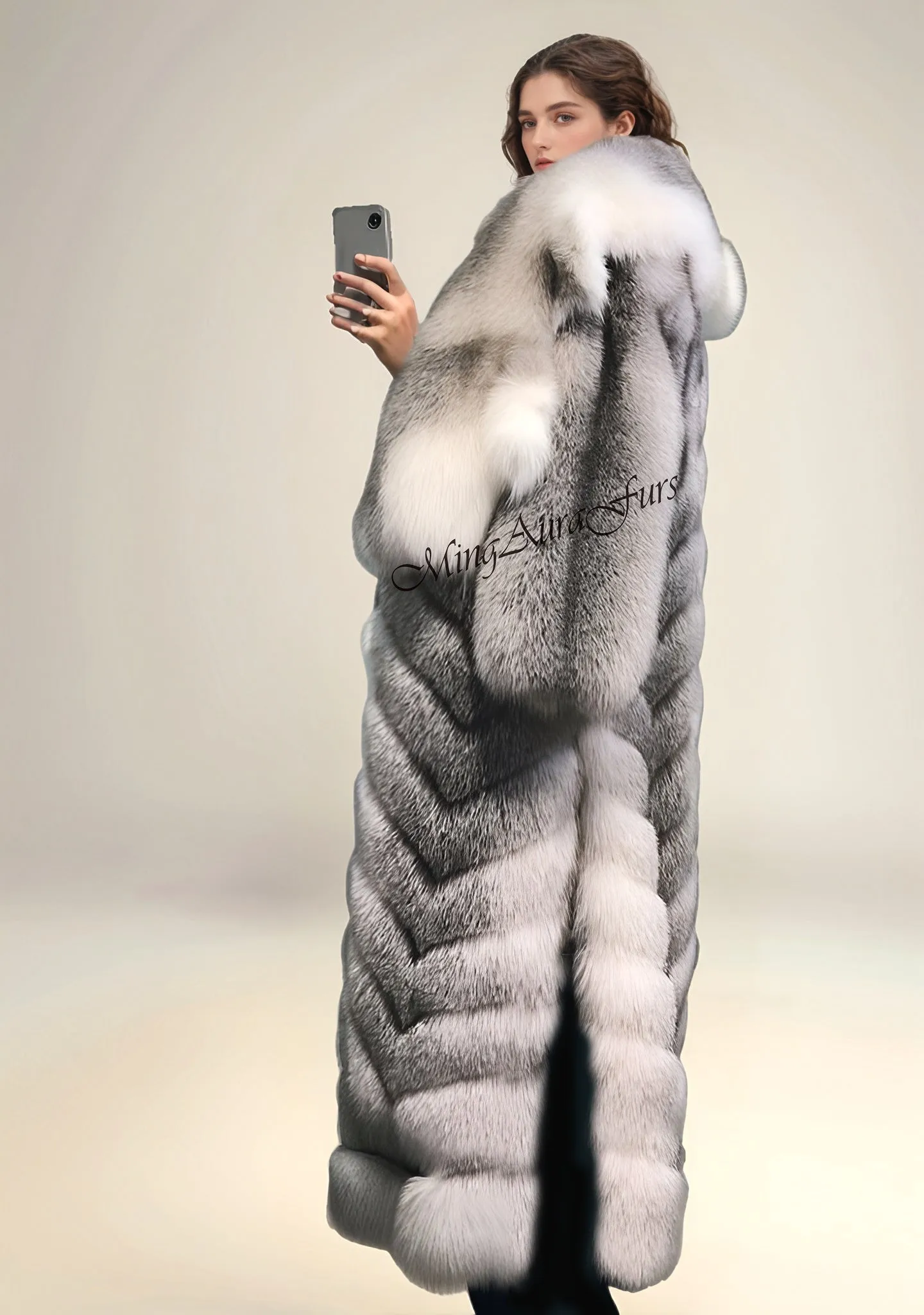 Women's Long Fox Fur Coat with Fur Collar - Shadow Blue Frost Fox - G0013