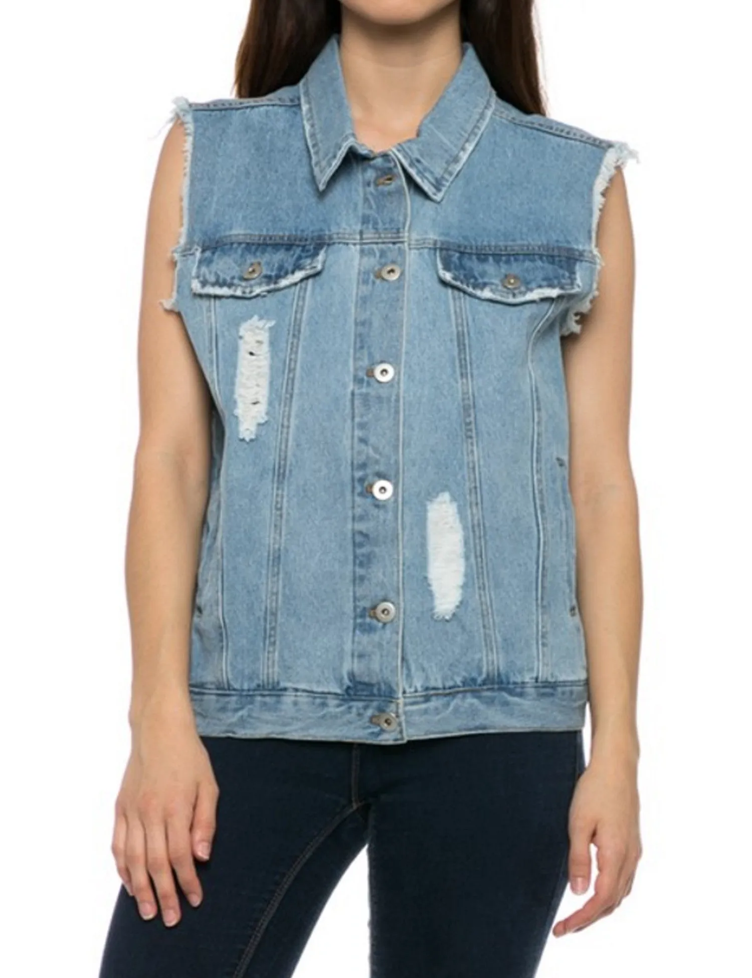 Womens Loose Fit Trucker Distressed Denim Vest