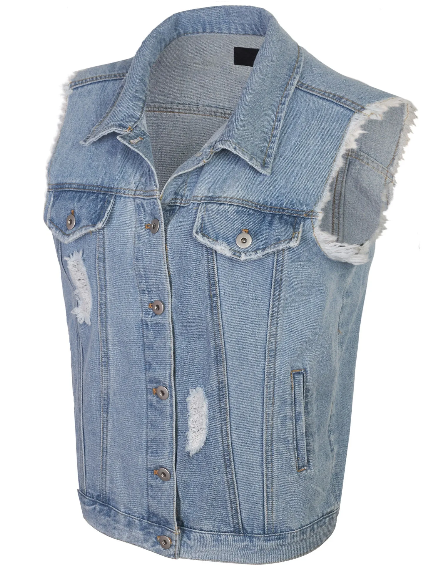 Womens Loose Fit Trucker Distressed Denim Vest