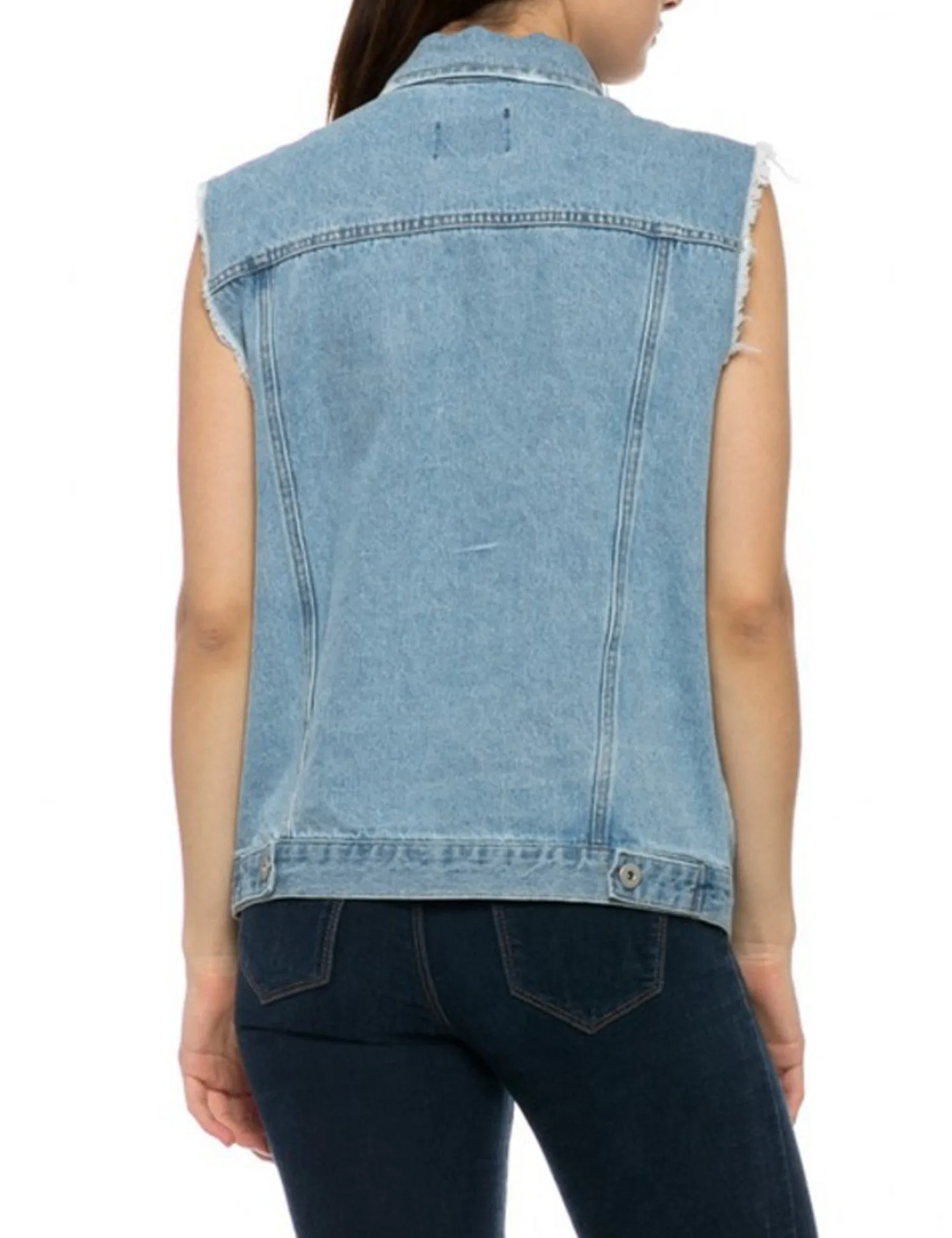 Womens Loose Fit Trucker Distressed Denim Vest