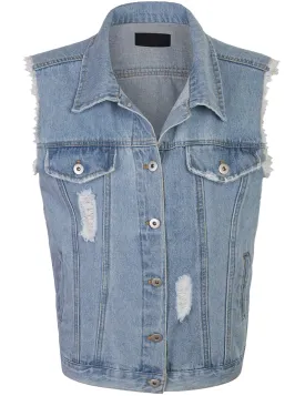 Womens Loose Fit Trucker Distressed Denim Vest