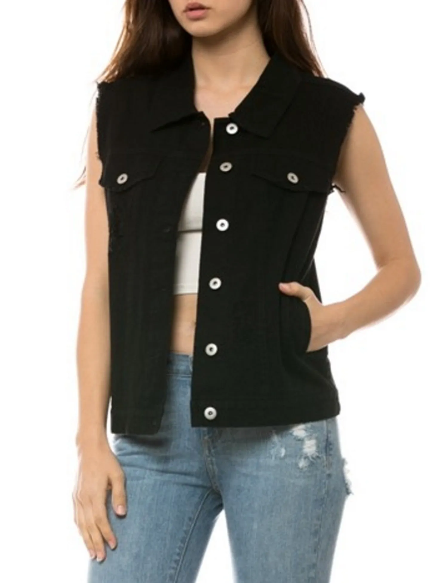 Womens Loose Fit Trucker Distressed Denim Vest