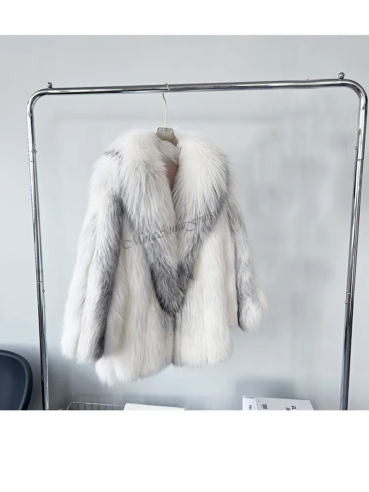 Women's Real Fox Fur Coat with Fur Collar - Artic Marble Frost Fox - G0016