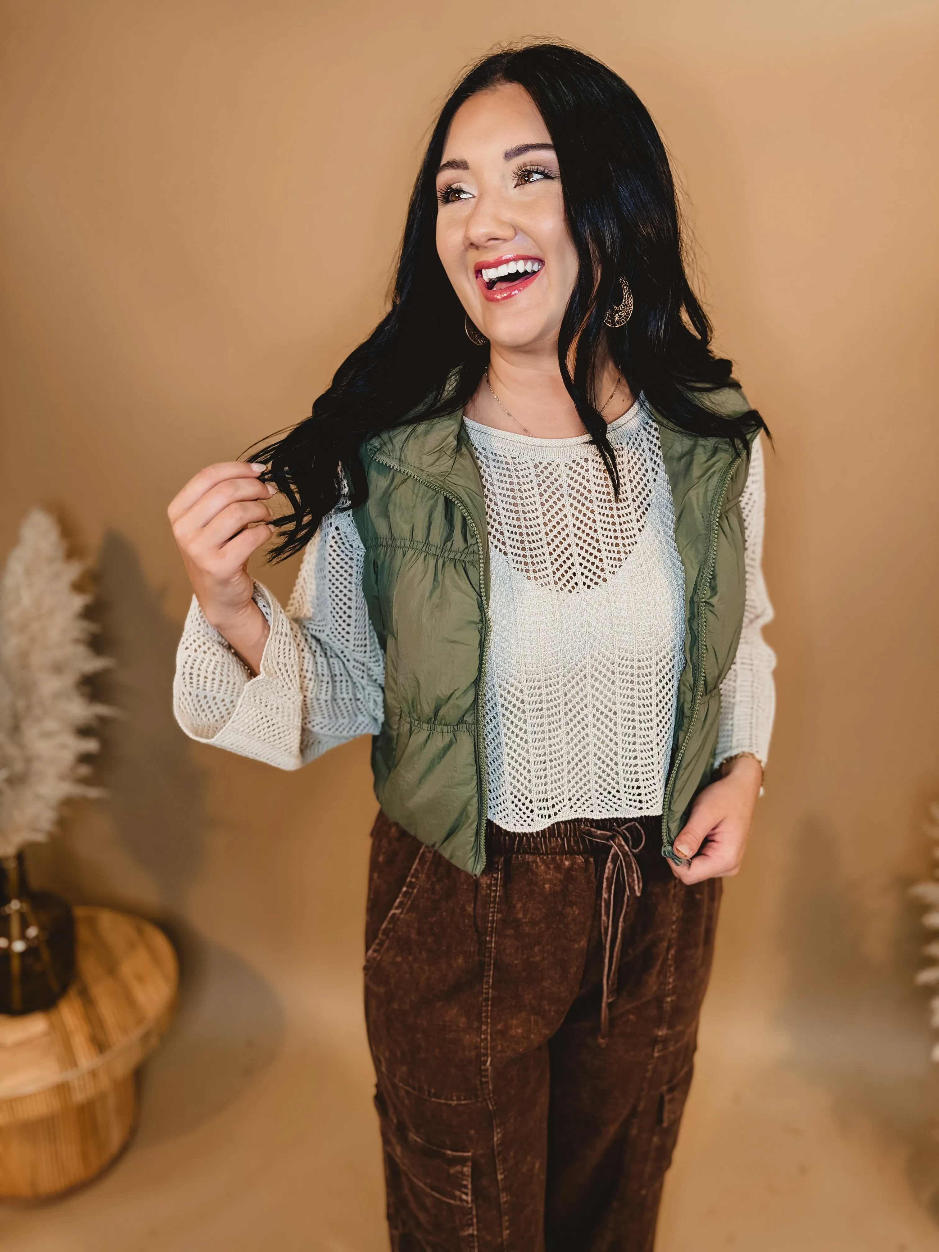 Zip Up Cropped Puffer Vest - Olive