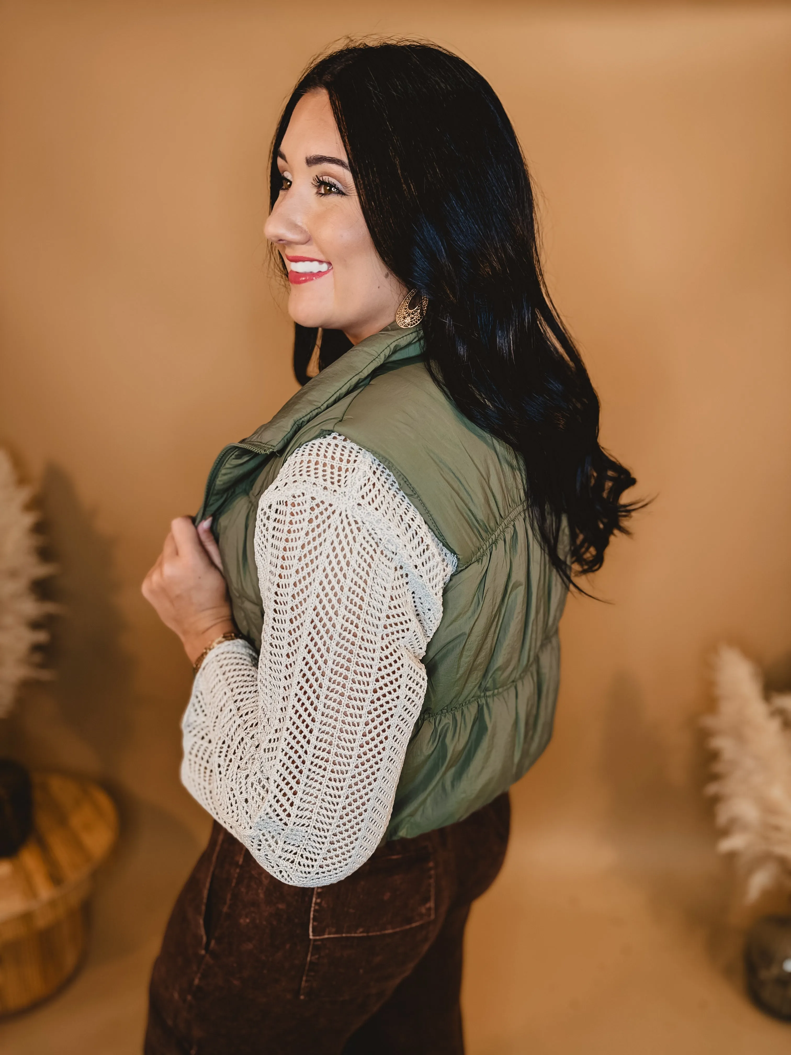 Zip Up Cropped Puffer Vest - Olive